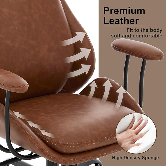 Home Office Desk Chair, PU Casters Ergonomic Computer Chair with Lumbar Support, Adjustable Height, 360°Rolling Swivel Chair, High Back Executive Task, Padded Armrests Chair, Brown Leather