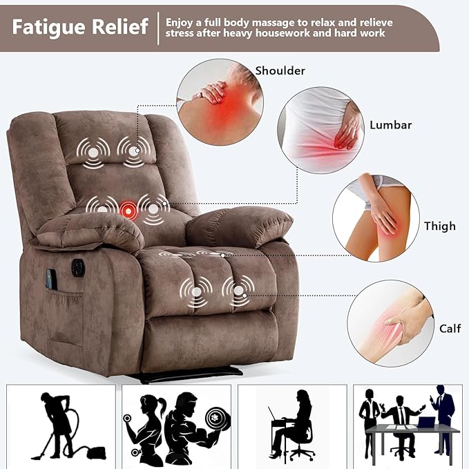 ANJHOME Massage Recliner Chairs with Heat and Vibration,Overstuffed Manual Rocking Reclining Chair for Living Room Bedroom (Camel)