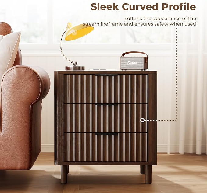 Fluted Nightstand with Charging Station, Multifunctional 3 Drawers Storage Bedside Table, Solid Wood Modern Nightstand, Curved Profile Design, End Table for Indoor Room Bedroom Office, Walnut
