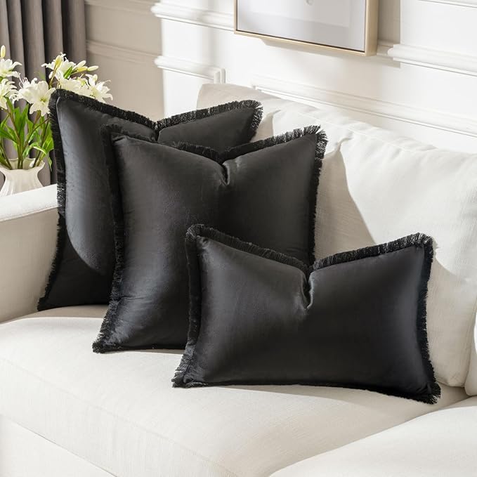 FUTEI Black Velvet Decorative Throw Pillow Covers 12x20 Set of 2,Soft Cozy Edge with Tassels Lumbar Pillow Cases,Boho Modern Home Decor for Couch Bed Living Room