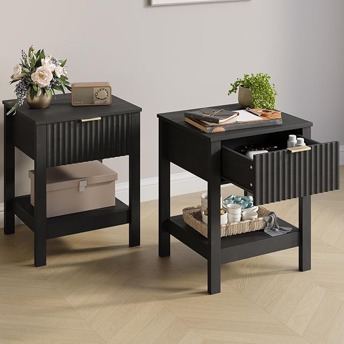Fluted Night Stand with Golden Handle,Set of 2 Mid-Century Nightstands with Drawer, Bedside Table with Storage Shelf, Side Tables for Room,End Tables for Bedroom,Black Wood Grain