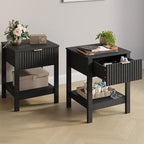 Fluted Night Stand with Golden Handle,Set of 2 Mid-Century Nightstands with Drawer, Bedside Table with Storage Shelf, Side Tables for Room,End Tables for Bedroom,Black Wood Grain