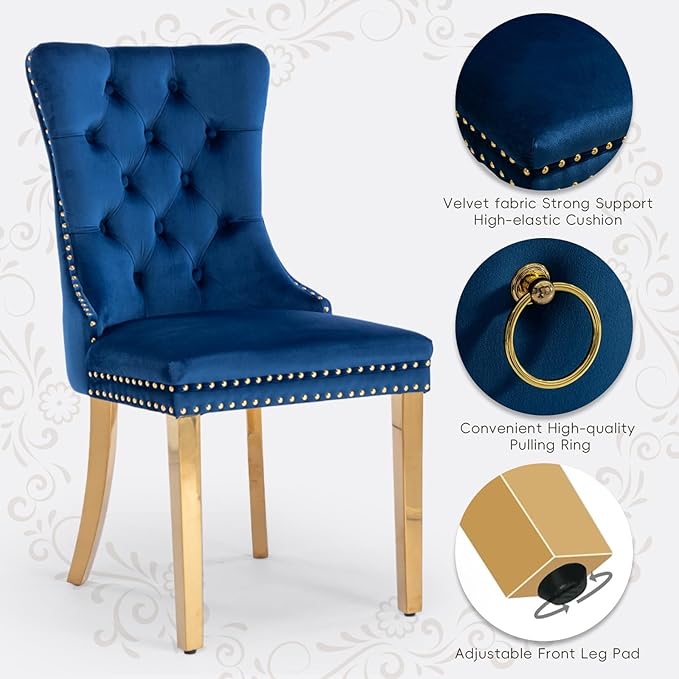 Velvet Upholstered Dining Chairs Set of 2, Modern Style Kitchen Side Chairs with Nailhead Trim and Gold Plated Leg, Metal Pulling Ring for Dining Room Living Room（Blue-Gold Plated Leg）