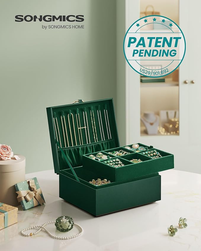 SONGMICS 2-Layer Jewelry Box, Jewelry Organizer with Handle, Removable Jewelry Tray, Jewelry Storage, Floating Effect, 8.1 x 9.4 x 4.3 Inches, Christmas Gift, Forest Green UJBC165C01