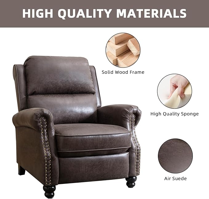 Push Back Recliner Chair Faux Leather Lounge Armchair with Rivet Decoration Wingback Single Sofa Chair with Padded Seat Solid Wood Legs for Living Room, Comfy Upholstered, Dark Grey