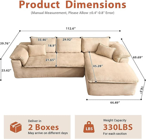 113 in Oversized Cloud Sofa with L Shape Chaise, Sectional Couches for Living Room, Assembly Free Modular Comfy Corduroy Sofa with Right Facing Chaise Longue for Home Apartment (Right Chaise, Beige)