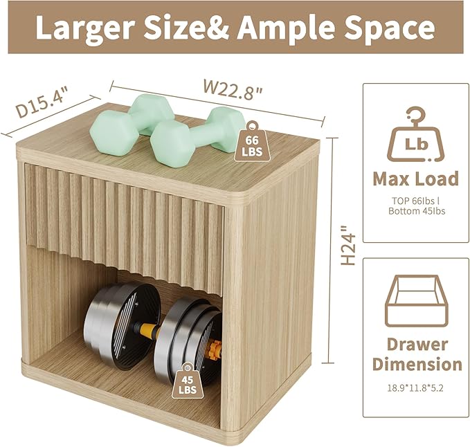 Large Modern Nightstand with Drawer Storage 22.8Inch Wide Fluted Bedside Table End Table for Bedroom, Living Room, Sofa, Couch, Home Office，Mid Century Bed Stands, Natural Color