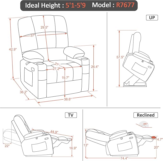 MCombo Oversized Dual Motor Power Lift Recliner Chair Sofa with Massage and Heat for Big Elderly People, Infinite Position, USB Ports, Faux Leather R7677 (Dark Grey, Medium-Oversize)