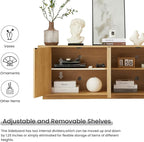 LKTART 64" Sideboard Buffet Cabinet with Storage, Wooden Fluted Storage Cabinet Sideboard Credenza with Adjustable Shelves Pressed Spring for Kitchen Living Room (Natural Oak)