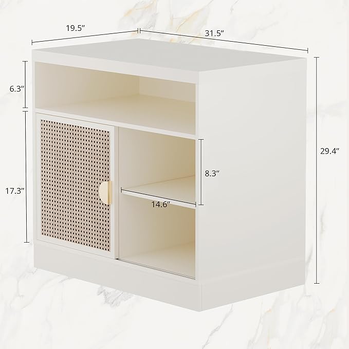 Modern Wood Accent Cabinet with Sliding Door, Adjustable Open Shelves & Gold Handle Storage Cabinet for Home Office, 31W*20D*29H, White Rattan