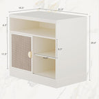 Modern Wood Accent Cabinet with Sliding Door, Adjustable Open Shelves & Gold Handle Storage Cabinet for Home Office, 31W*20D*29H, White Rattan