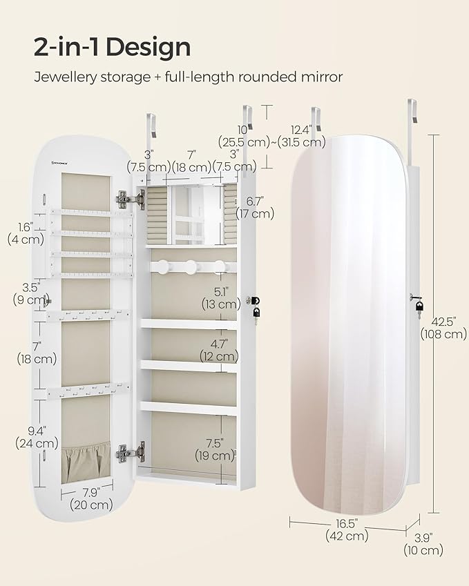 SONGMICS Jewelry Organizer, LED Jewelry Cabinet Wall/Door Mounted, Lockable Rounded Wide Mirror with Storage, Christmas Gift 3.9 x 16.5 x 42.5 Inches, White Surface with Greige Lining