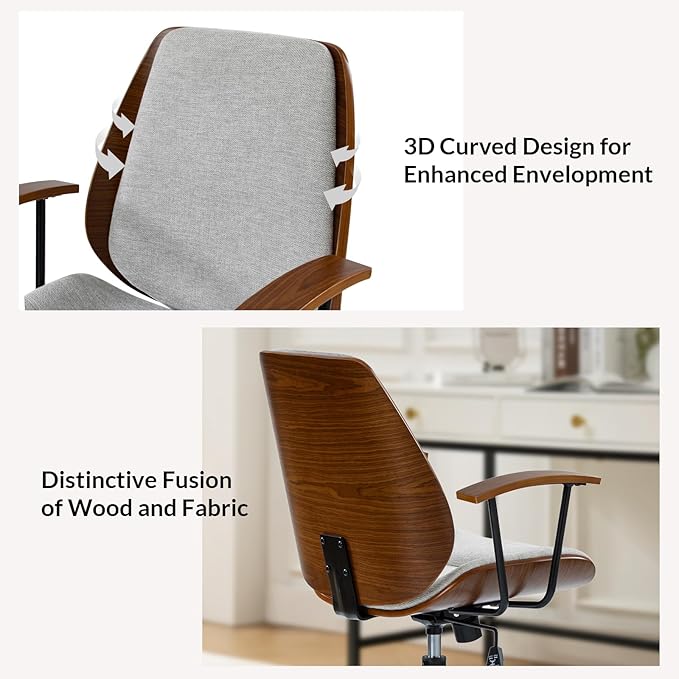 Modern Office Chair with Bentwood Polyester Upholstery Ergonomic Swivel Desk Chair with Adjustable Height for Home Office or Study Gray