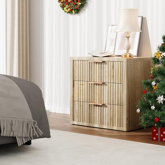 Night Stand with 3 Drawers, 23" Wide Modern Nightstand with Large Storage, Fluted Bed Side Table with Metal Handle, End Table Tall Nightstand for Bedroom, Living Room, Office, Nature