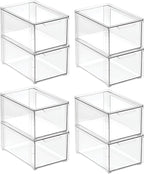 mDesign Plastic Stackable Bathroom Storage Organizer Bin with Pull Out Drawer for Cabinet, Vanity, Shelf, Cupboard, Cabinet, or Closet Organization - Lumiere Collection - 8 Pack - Clear