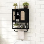 RUSTOWN Rattan Bathroom Wall Cabinet, Boho Over The Toilet Storage Cabinet with Arched Rattan Doors, Modern Medicine Cabinet with Adjustable Shelves & Towel Bar (Black, Small)