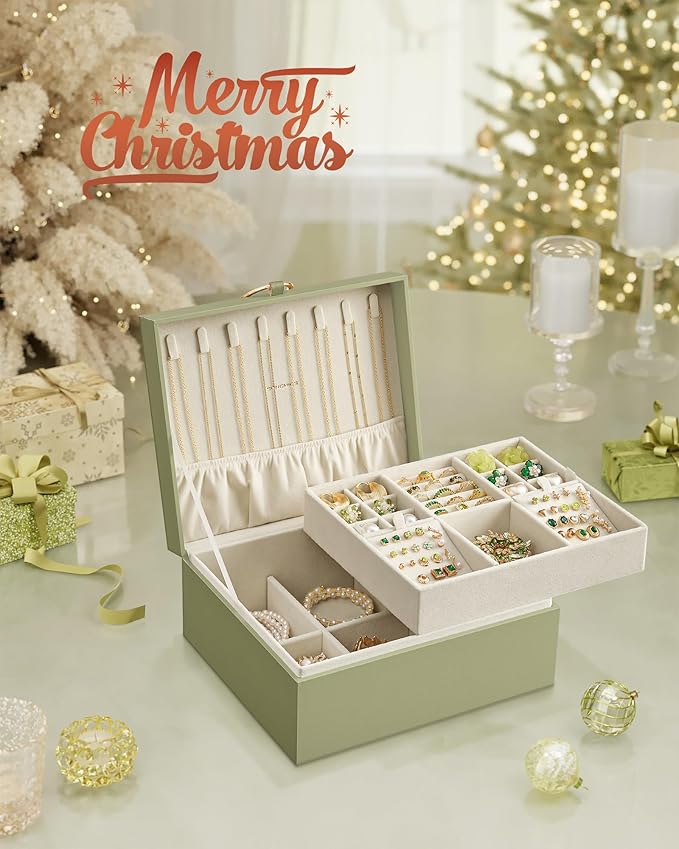 SONGMICS 2-Layer Jewelry Box, Jewelry Organizer with Handle, Removable Jewelry Tray, Jewelry Storage, Floating Effect, 8.1 x 9.4 x 4.3 Inches, Christmas Gift, Laurel Green UJBC165C02