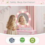 MU Kids Vanity Set with Lighted Mirror and Stool, Kids Make Up Vanity Desk with Storage Space, Wing Pattern for Little Girls, Toddler Princess Makeup Dressing Table with Chair Set, Pink