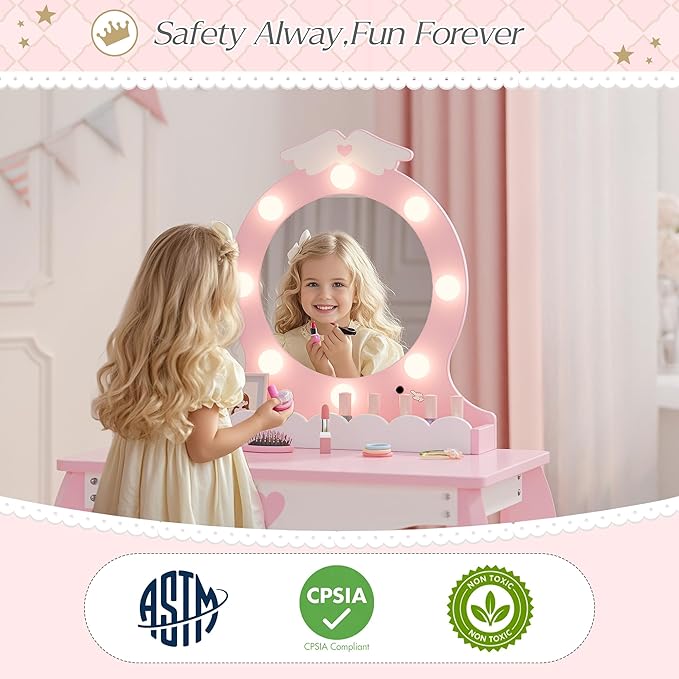 MU Kids Vanity Set with Lighted Mirror and Stool, Kids Make Up Vanity Desk with Storage Space, Wing Pattern for Little Girls, Toddler Princess Makeup Dressing Table with Chair Set, Pink