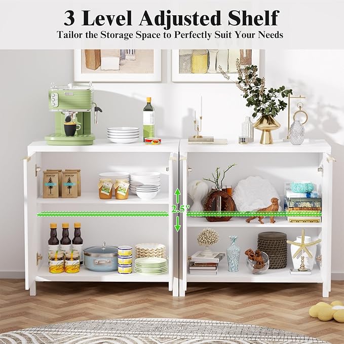 Sideboard Buffet Cabinet Set of 2, 31" Fluted Storage Cabinet with 2 Doors and Adjustable Shelves, Modern Sideboard Console Table for Living Room,Entryway,Dinning Room,Kitchen-White