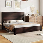 AMERLIFE King Size Bed Frame with 51.2" Spliced Headboard, Rustic Bedframe Wood Platform Bed/Wood Slats Support, No Box Spring Needed, Noiseless, Dark Brown