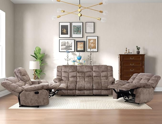 CANMOV Manual Reclining Sofa Set,2 Pieces Sofa Furniture Set for Living Room, Manual Recliner Sofa and Recliner Chair with Arms for Living Room, Bedroom, Light Brown (1+3)