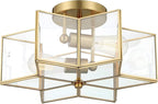 Bofea-Gold Ceiling Light Modern Semi Flush Mount Ceiling Lights Vintage Hallway Lights Fixture Brass Star Flush Light Fixture Unique Glass Semi Flush Mount Chandelier for Bedroom Foyer Entry Lamp