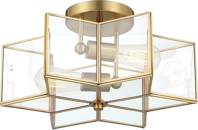 Bofea-Gold Ceiling Light Modern Semi Flush Mount Ceiling Lights Vintage Hallway Lights Fixture Brass Star Flush Light Fixture Unique Glass Semi Flush Mount Chandelier for Bedroom Foyer Entry Lamp