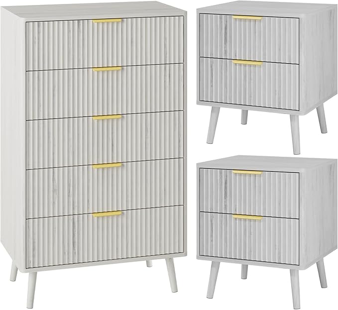 LYNSOM Fluted Dresser and Nightstand Sets 3 Piece, 5-Drawers Dresser and 2-Drawer Nightstands Set of 2, Wood Bedroom Furniture Set for Home, Bedroom, Hallway, White