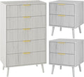LYNSOM Fluted Dresser and Nightstand Sets 3 Piece, 5-Drawers Dresser and 2-Drawer Nightstands Set of 2, Wood Bedroom Furniture Set for Home, Bedroom, Hallway, White