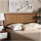 Mid-Century Modern Ash Walnut Finished Wood and Synthetic Rattan Victorian Vintage Size Headboard
