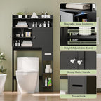 MU Over The Toilet Storage Cabinet with Doors, 32" Bathroom Storage Organizer with Side Shelves, Space-Saving Toilet Storage Rack for Bathroom, Laundry (Black)