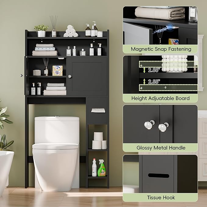 MU Over The Toilet Storage Cabinet with Doors, 32" Bathroom Storage Organizer with Side Shelves, Space-Saving Toilet Storage Rack for Bathroom, Laundry (Black)