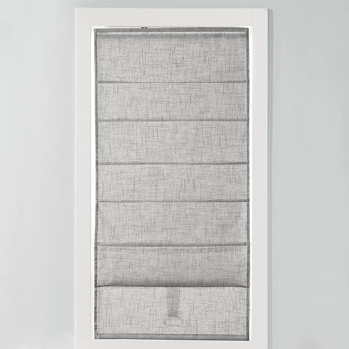Madison Park Kyler Cordless Roman Shades - Single Panel, Lightweight Linen Blend Fabric, Natural Design, Easy Installation, Light Filtering Window Blind, Bedroom, Living Room Decor 31" W x 64" H Grey