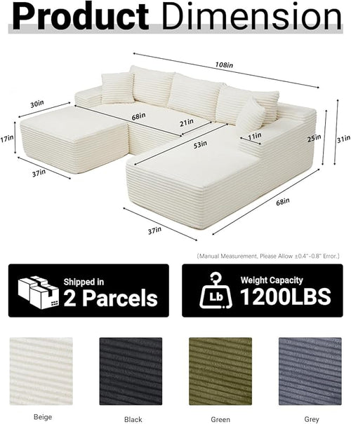 108 Inch Cloud Sectional Couch,Modern Modular Sectional Sofa with Deep Seat,Corduroy Boneless Couches with L-Shape Chaise for Living Room,No Assembly Required (Beige, Right Facing Chaise + Ottoman)