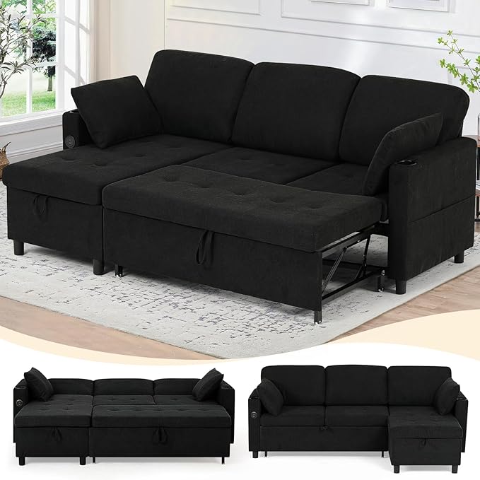 84" Sectional Pull Out Sofa Bed with Adjustable Backrests, L-Shaped Sleeper Sofa with USB Ports, Upholstered Reversible Couch with Cup Holder & Storage Space for Living Room, House, Black