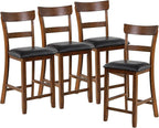 COSTWAY Counter Height Bar Stools Set of 4, 25.5 Inch Mid Century Modern Wooden High-top Chairs with Backrest, Rubber Wood Legs, Faux Leather Seat, Farmhouse Barstools for Kitchen Island, Pubs