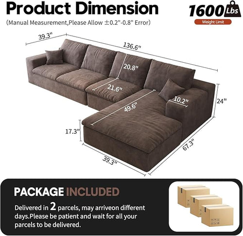 136.6'' L-Shaped Modern Modular Sectional Cloud Couch, 4-Seat Chenille Deep-Seat Sofa with Pillow for Living Room, Bedroom, Apartment, Camel