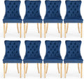 Velvet Upholstered Dining Chairs Set of 8, Modern Style Kitchen Side Chairs with Nailhead Trim and Gold Plated Leg, Metal Pulling Ring for Dining Room Living Room(Blue-Gold Plated Leg)