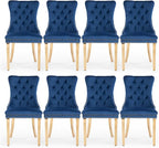 Velvet Upholstered Dining Chairs Set of 8, Modern Style Kitchen Side Chairs with Nailhead Trim and Gold Plated Leg, Metal Pulling Ring for Dining Room Living Room(Blue-Gold Plated Leg)