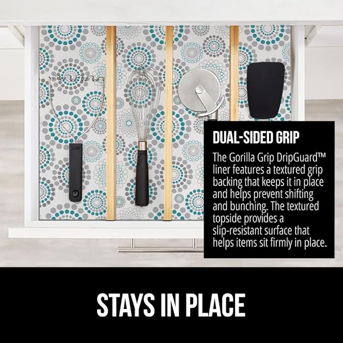 GORILLA GRIP DripGuard Shelf Liner, Non Adhesive Drawer and Kitchen Cabinet Protector, Slip Resistant BPA Free Smooth Surface Plastic Liners for Cabinets, Bathrooms, Closets, 12x120 Inch, Spiral