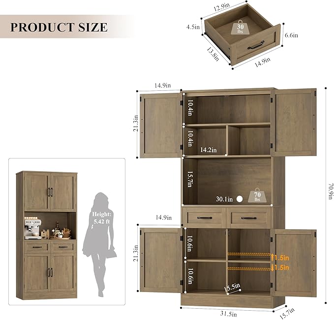 HOSTACK 71“ Tall Kitchen Pantry Storage Cabinet, Modern Kitchen Hutch Bar Cabinet with Microwave Stand, Wood Buffet Sideboard with Hutch, Cupboard with Drawers, Shelves for Dining Room, Rustic Brown