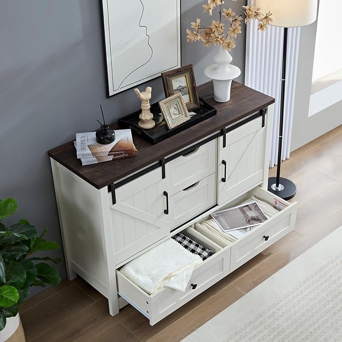 Farmhouse Dresser for Bedroom, 4 Drawers Dresser with Sliding Barn Door, 48" Wide Dresser 4 Chest of Drawers, Storage Organizer Dresser for Bedroom, Hallway, Living Room, Dining Room, Antique White