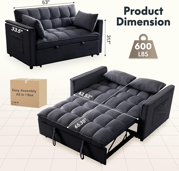 FLEXISPOT XCT4 3-in-1 Convertible Loveseat Sofa Bed for Small Spaces, Velvet Pull Out Couch with Adjustable Backrest, Compact Twin Sleeper Chaise Lounge Futon for Apartment Dorm RV Guest Room, Black