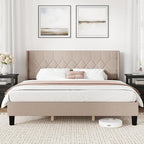 Novilla King Bed Frame, King Bed Frame with Headboard, Linen Upholstered Pull-Point Wing Side Headboard, No Box Spring Needed, Heavy Duty Feet, Easy Assembly, Beige