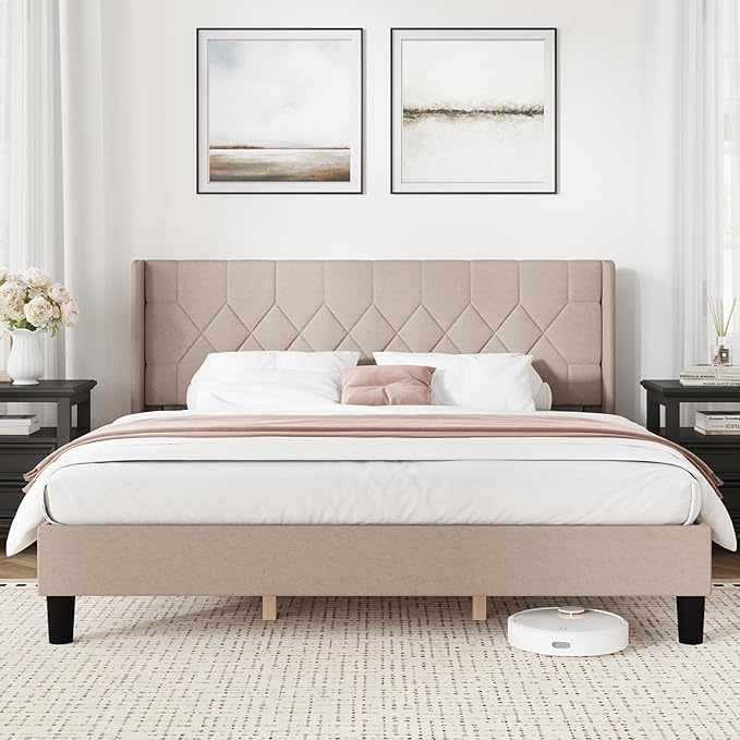 Novilla King Bed Frame, King Bed Frame with Headboard, Linen Upholstered Pull-Point Wing Side Headboard, No Box Spring Needed, Heavy Duty Feet, Easy Assembly, Beige