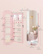 SONGMICS Jewelry Organizer, LED Jewelry Cabinet Wall/Door Mounted, Lockable Rounded Wide Mirror with Storage, Christmas Gift 3.9 x 16.5 x 42.5 Inches, Jelly Pink Surface with Cream White Lining
