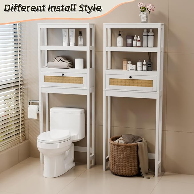 Over The Toilet Storage Cabinet, 3-Tier Bathroom Organizer with Rattan Door, Wooden Space Saver for Restroom, Bathroom, Laundry