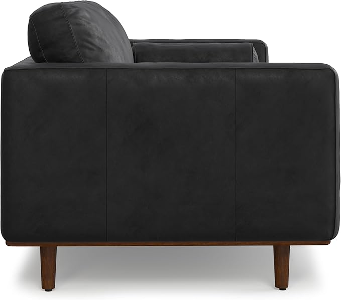 SIMPLIHOME Morrison 89-inch Wide Sofa in Lead Black Genuine Leather, Mid-Century Modern Design Couch for Living Room, Single Bench Cushion, 2 Back Cushions, 2 Bolster Pillows