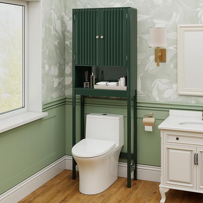 Tangkula Over The Toilet Storage Cabinet, Bathroom Space Saver with Fluted Doors Adjustable Shelf & Bottom Bar, Freestanding Above Toilet Storage Cabinet Organizer for Laundry, Restroom (Forest Green)